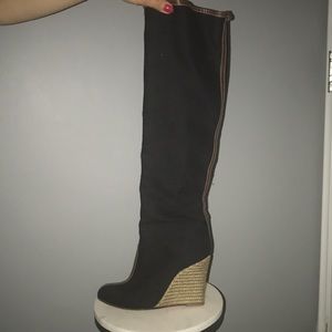 Christian Louboutin  fabric over knee boots with leather trim, wedge heal